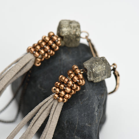 Tassel Earrings - Stone Beaded Suede - Seahorse Mansion 